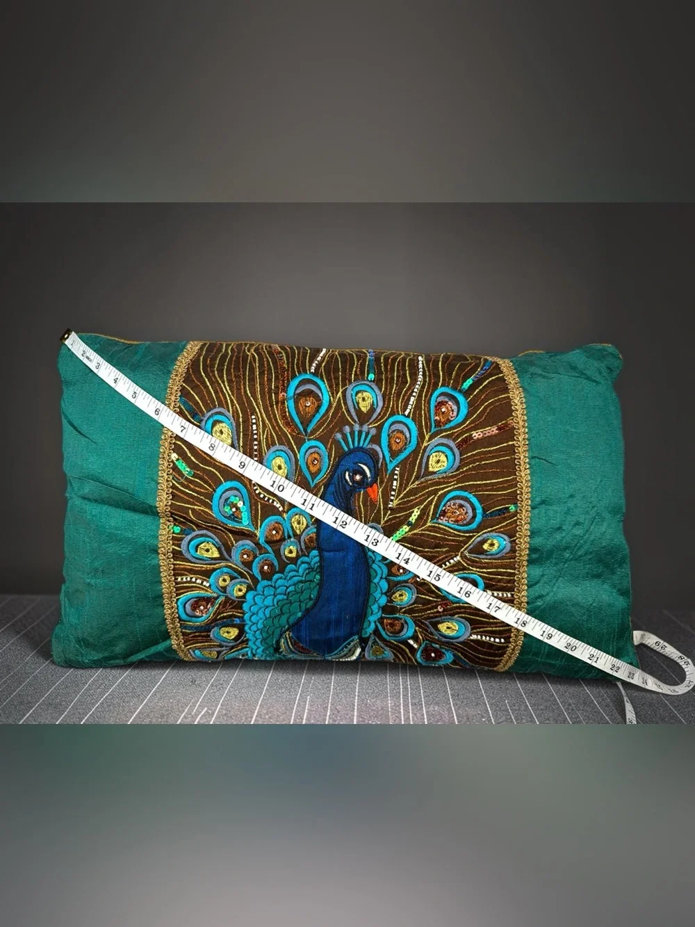 Pier 1 Imports Peacock Embroidered Sequin Lumbar Pillow 12x20 Teal Brown Gold